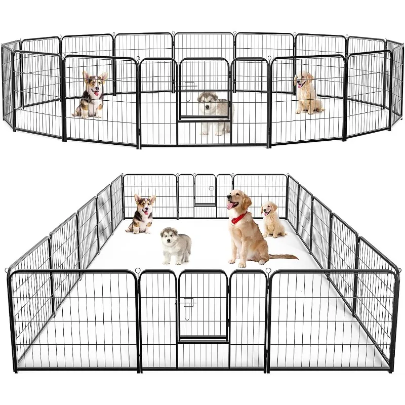 

Dog Playpen Indoor - Pet Fence Exercise Pen for Yard Gate 16 Panels Foldable Puppy Playpens with Doors Metal Dog Pen