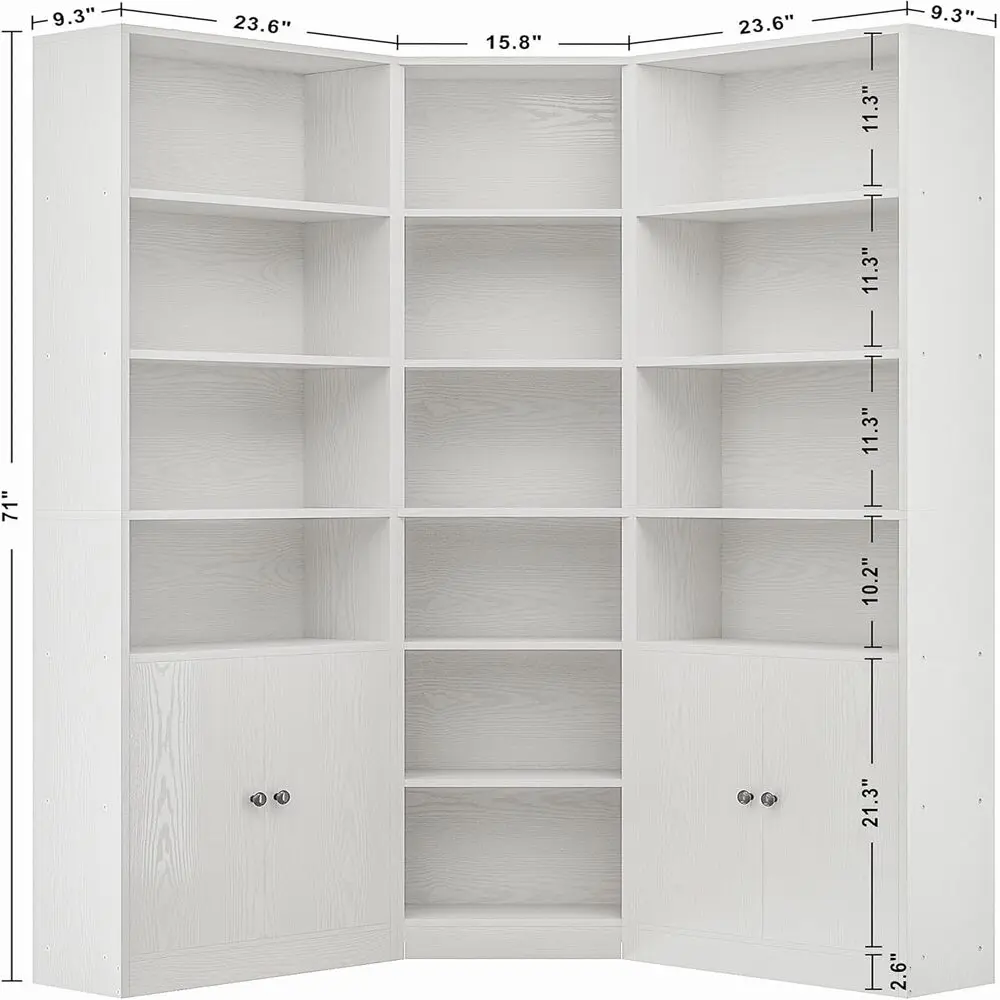 IRONCK Corner Bookshelf and Bookcase with 2 Storage Cabinets and 7 Tier Shelves, 71