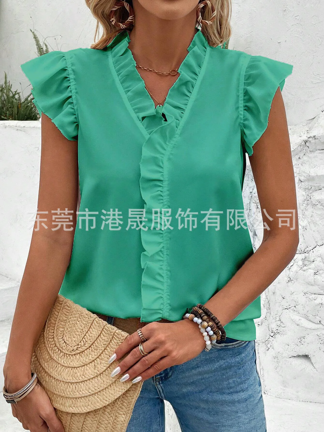 Summer White Top Blouses Women Fashion V Neck Sleeveless Rufffles Office Elegant Casual Tops Shirts Female Holiday Green Shirt