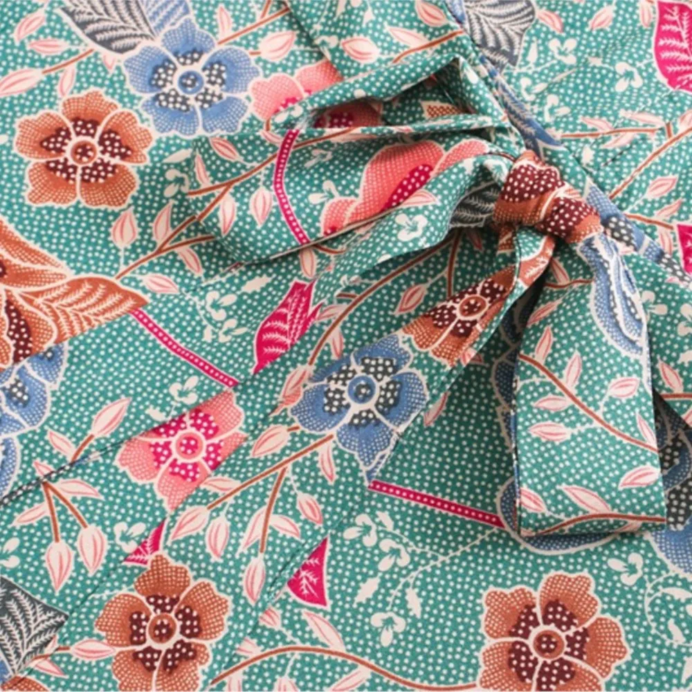 Đời Green BOHO Mở Nút Cổ V Camellia In Hoa Sling Đầm Ngày Lễ Thắt Nơ Tất Xẻ Tà Dài Spaghetti Dây Áo mùa Hè