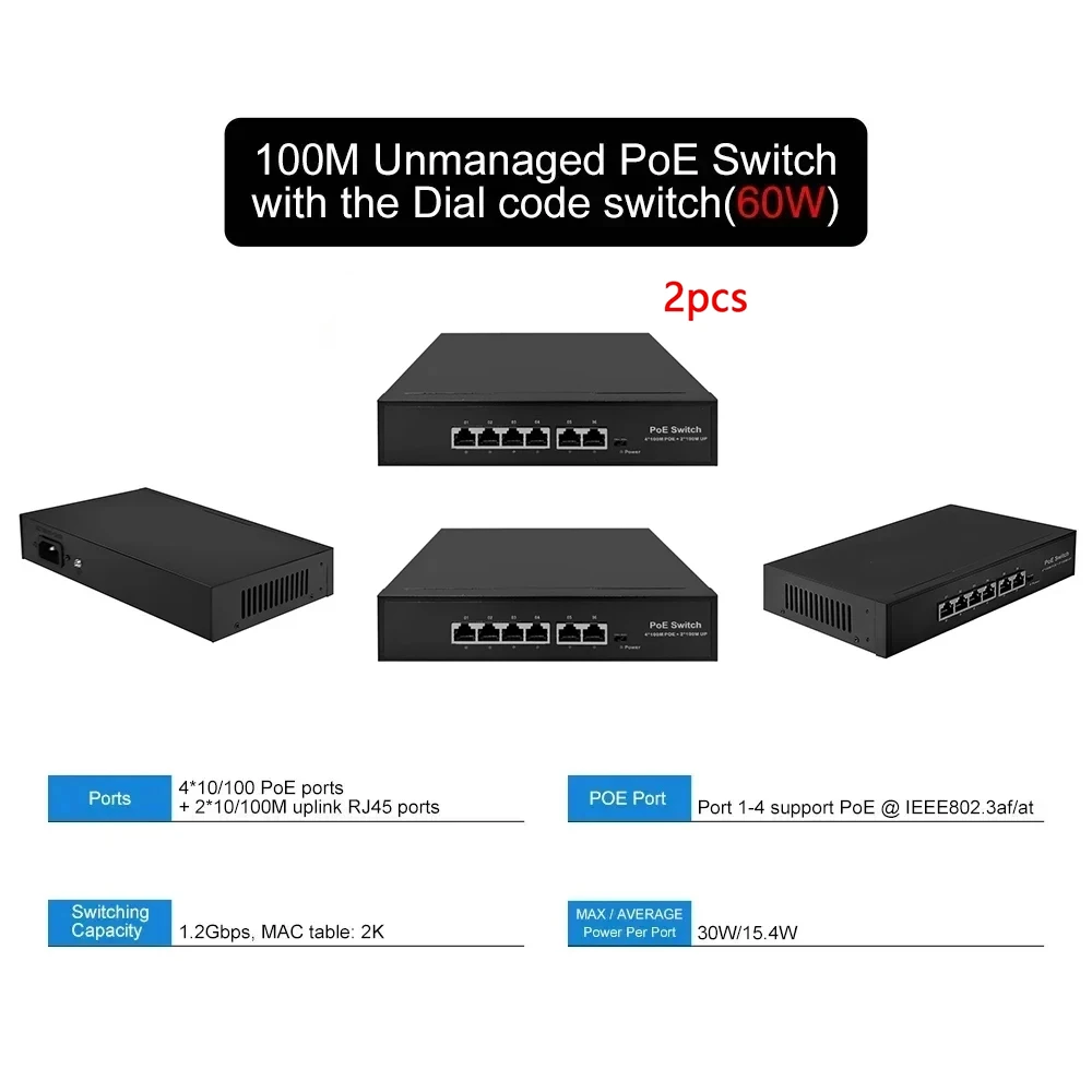 

6 Port Poe Switch Network Switchs Supply Ethernet for IP Camera Wireless AP with Dial Code Switch,for NVR or Cameras