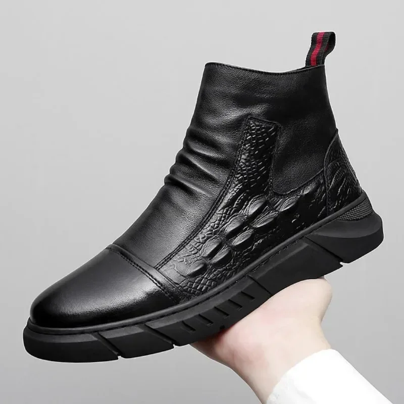 Men's High Top Boots Fashion Crocodiles Pattern Casual Leather Boot Plush Warm Winter Boots for Men Non Slip Work Safety Boots