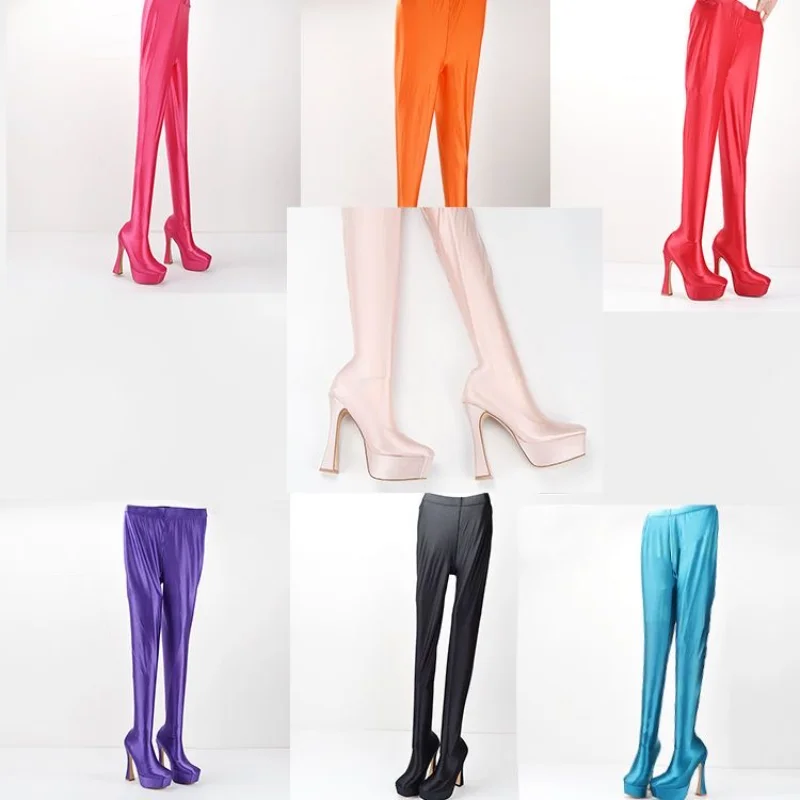Large Size  Super High Heel Platform Sexy Women's Chunky Heel over-the-Knee Boots One-Piece Boots Elastic Pants Boots