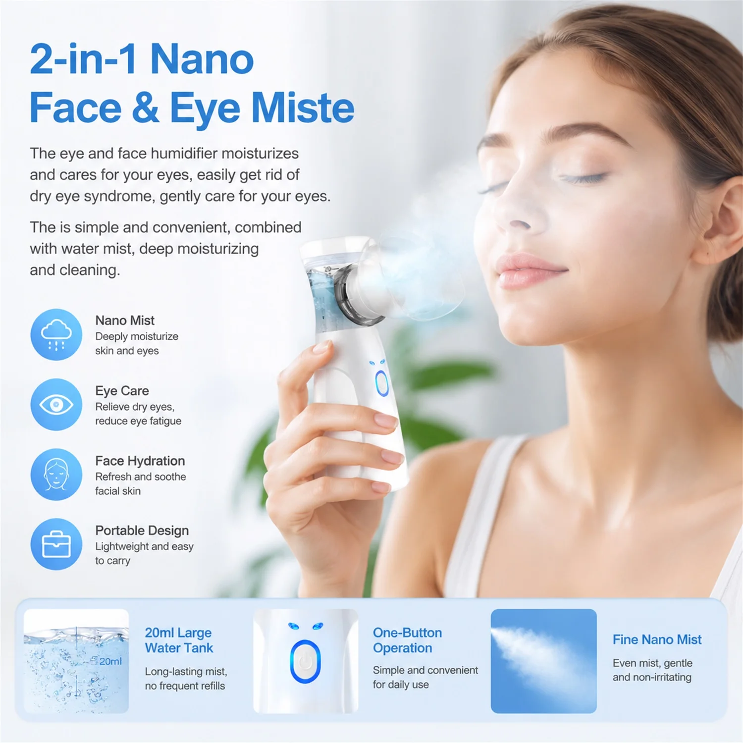 2IN1 Beauty Eyes Mister & Face Nano Nebulizer for Moisturize Dry Skin & Dry Eye Relieve Eye Fatigue Steamer Eyeshade Eye Sprayer