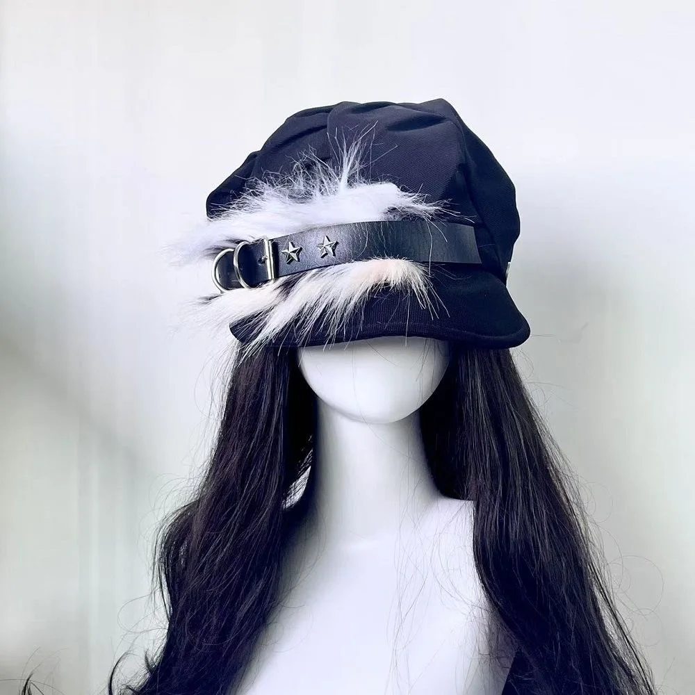 หมวกเบเร่ต์สไตล์ฮาราจูกุ กอธิค โลลิต้า สำหรับผู้หญิง หมวกทรงแปดเหลี่ยม แต่งขนเทียม หนัง PU พร้อมหัวเข็มขัด สไตล์พังก์ Y2K