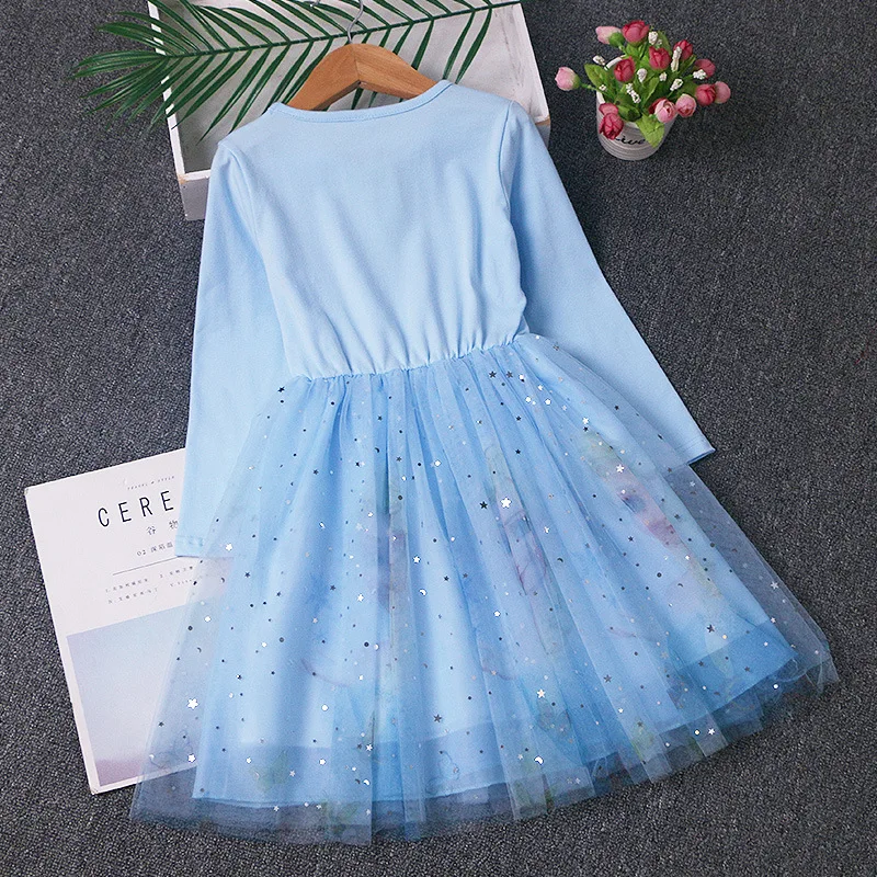 Disney Girls Frozen Dress Long-sleeved Princess Dress for Children Quality Cotton Gauze Kids Dress Anna Birthday Party Clothes