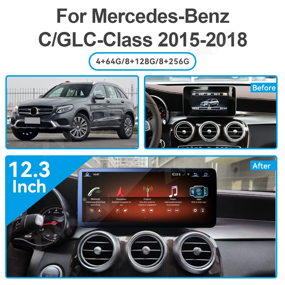 

Auto Radio Wireless Carplay Android 13 For Mercedes Benz C GLC Class 2015-2018 12.3'' Touch screen Car Multimedia Player