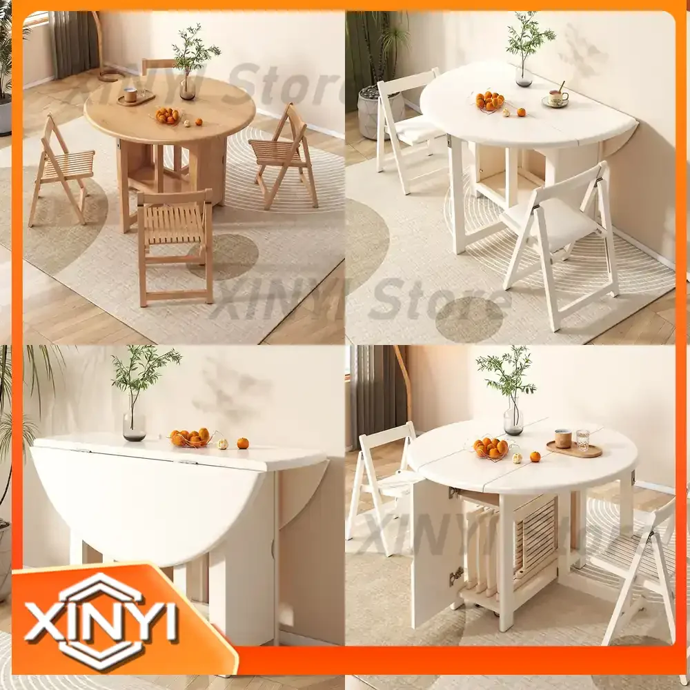 Foldable Solid Wood Dining Table for Small Spaces Cream Style White Round Extendable Wall Mounted for Home Use