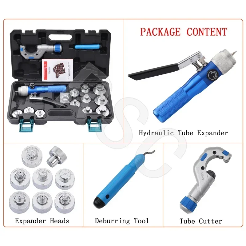 HVAC Hydraulic Swaging Tool Kit Manual Copper Alumimum Pipe Expanding Machine 11 Heads Tube Expander 3/8 To 1-5/8in CT/VG-300A