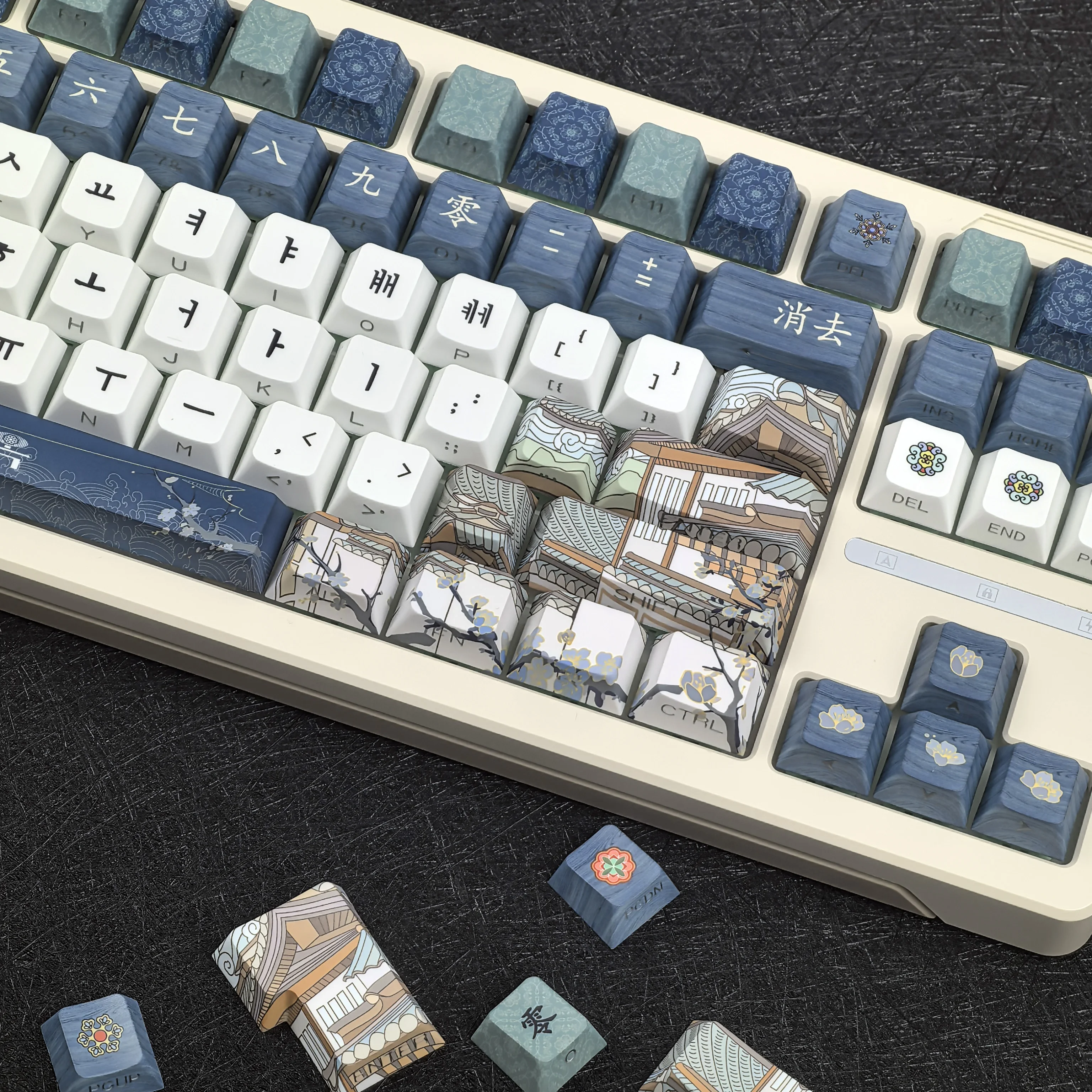 

Ретро корейская клавиатура, традиционная древняя архитектура, Dancheong, полупрозрачная Pbt с боковой гравировкой и вишней, раскладка ключей «L», колпачки для ключей Hangul