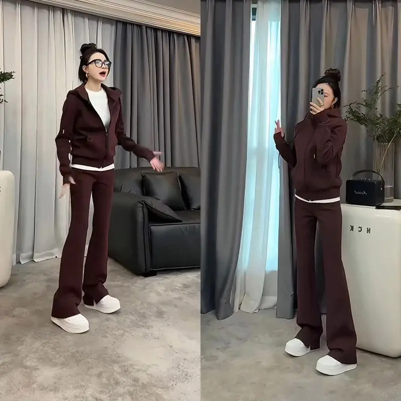 Spring and Autumn Casual Sportswear Set Women\'s Hooded Slimming Jacketstraight Leg Wide Leg Pants Two-piece Set