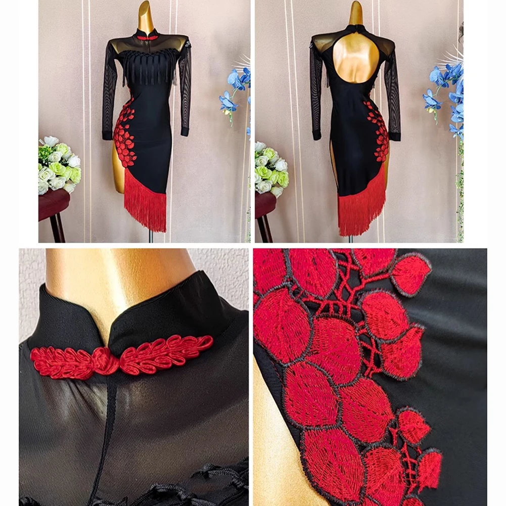 Платье для танцевальных соревнований, с длинными рукавами, одежда для самбы, латинских танцев, Cheongsam, сексуальный сценический костюм, черная одежда с открытой спиной и кисточками