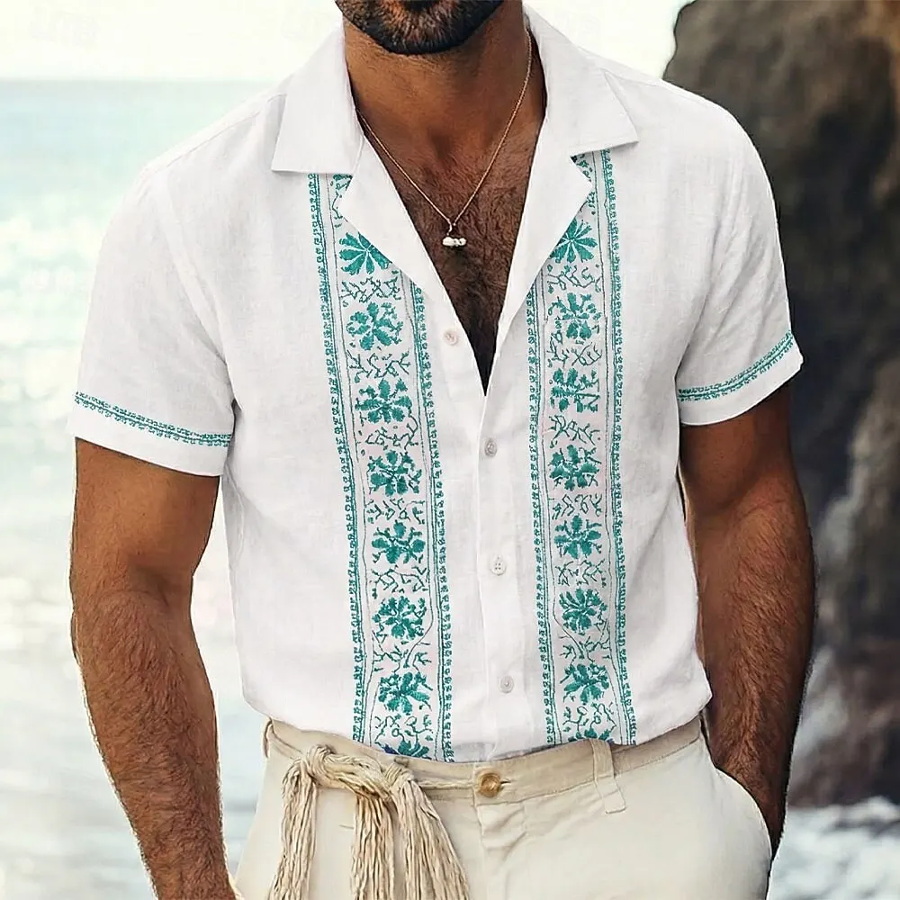 

Men's Vintage Ethnic Floral 3D Print Short Sleeve Guayabera Shirt Button Up Vacation Beach Outfit Spring & Summer