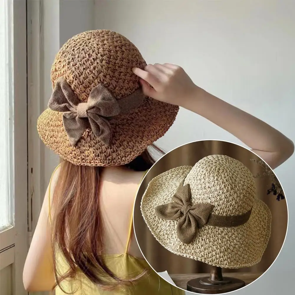 

Summer Female Retro Sunt Hat Hundred Throw Sun Hat Fashion Straw Bow Pastoral Outdoor Elegant Beach Women Outing Hat Hat Do J7B7