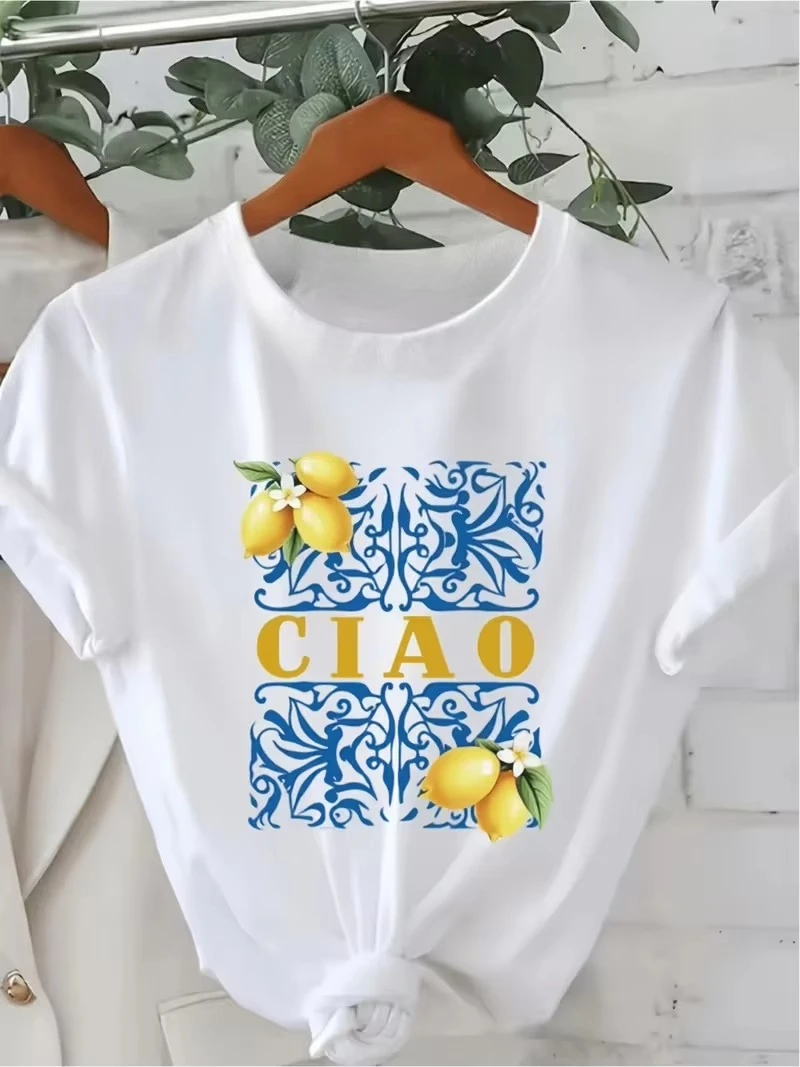 Amalfi Lemon Citrus Print T-shirt Mediterranean Tile Graphic Short Sleeve Tops Women Casual Loose Streetwear Y2k Daily Wear Tee