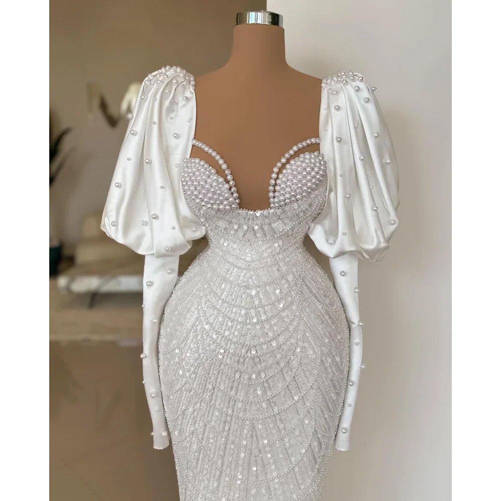 Luxury White Pearls Wedding Dresses Fashion Long Sleeves Beads Sequined Sheath Gowns Custom Elegant Floor Length Bride Dresses