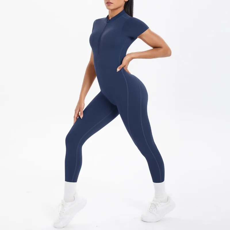 

Sexy Yoga Jumpsuit w/ Front Zipper & Cutout Back Short Sleeve pants Fitness Outfit - Running Workout Yoga Activewear