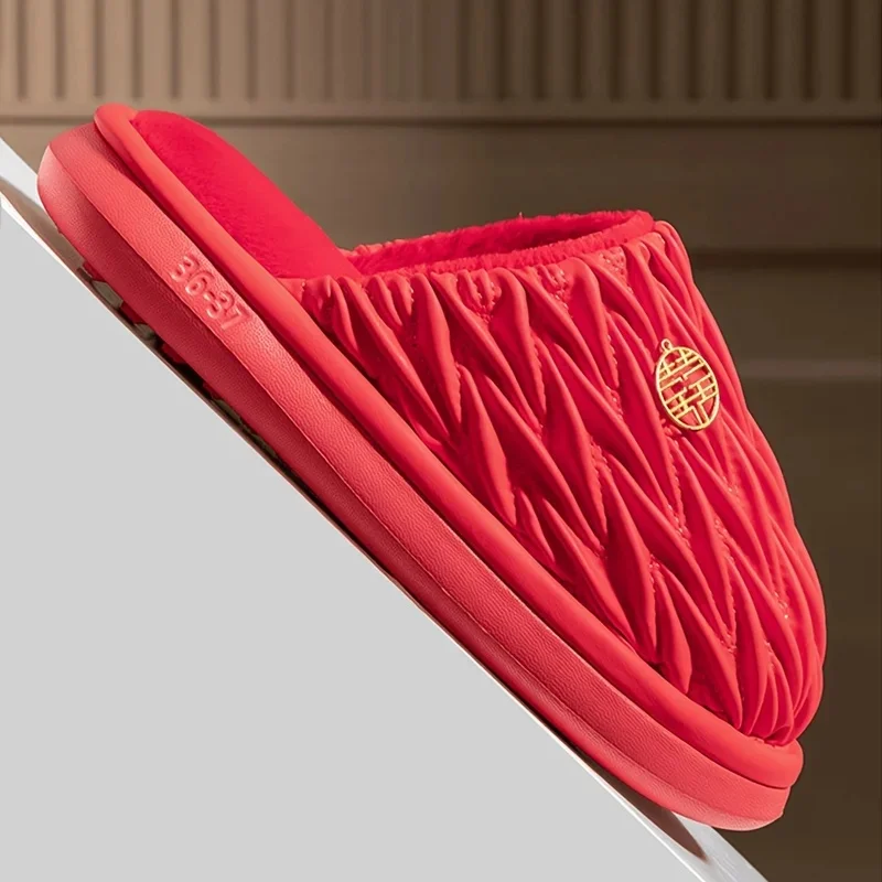 ZUOFU Unisex Red Wedding Couple Plush Cotton Slippers, Autumn Winter Warm Soft Sole Non Slip Indoor Home Closed Toe Shoes - view 5
