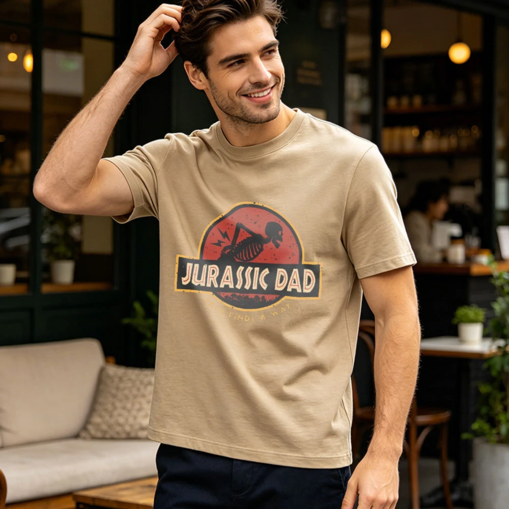 Dad Pain Finds A Way Retro Funny Dinosaur Casual Graphic T-Shirt Funny Dad Gift TShirt Retro Movie Parody Short Sleeve