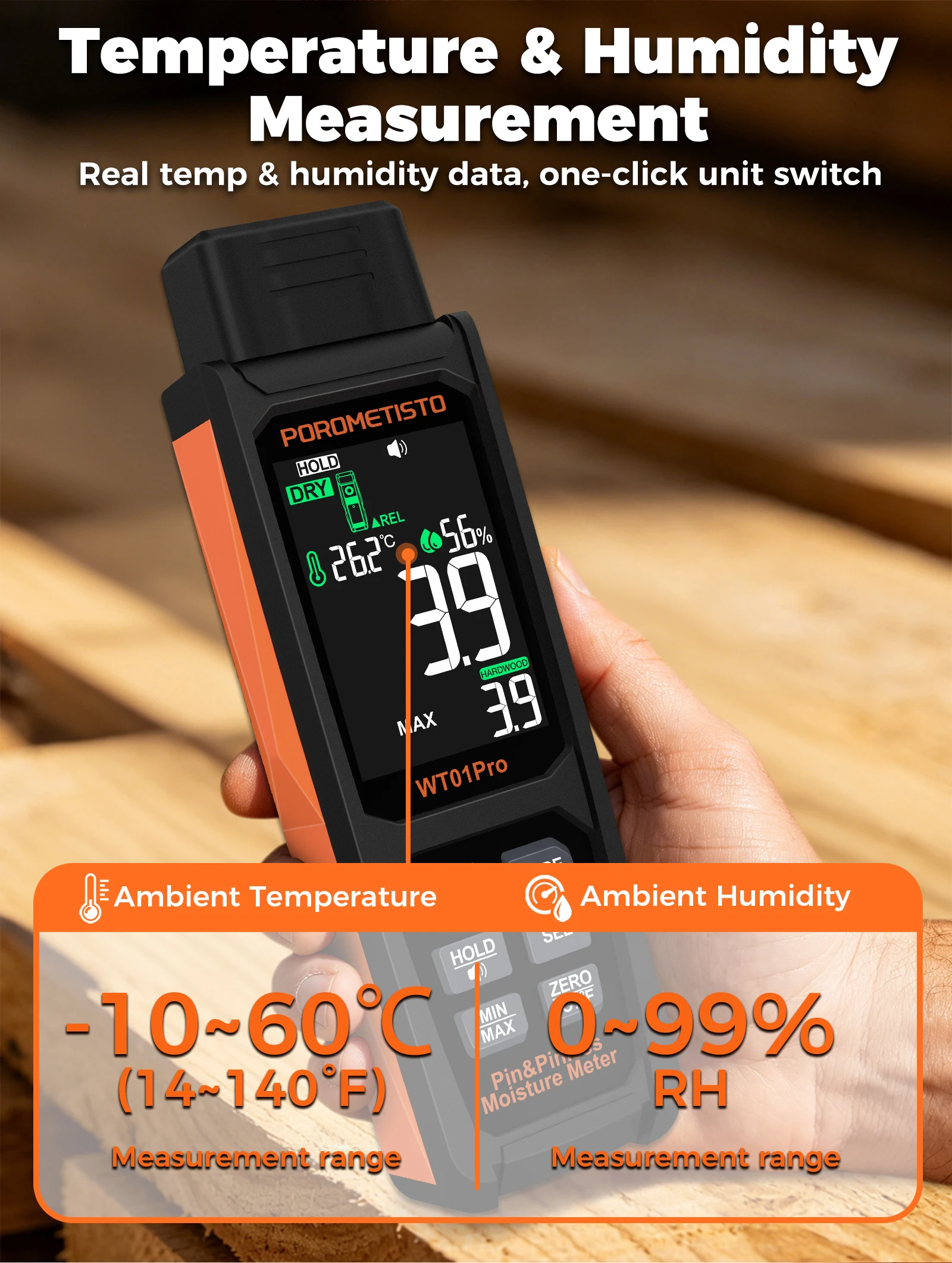 Neues 2-in-1 Digitales Holzfeuchtemessgerät mit und ohne Stifte, 0~99,9% Feuchtigkeitsmesser, Holzfeuchtigkeitsdetektor, Hygrometer für Holz und Beton – Detail 9