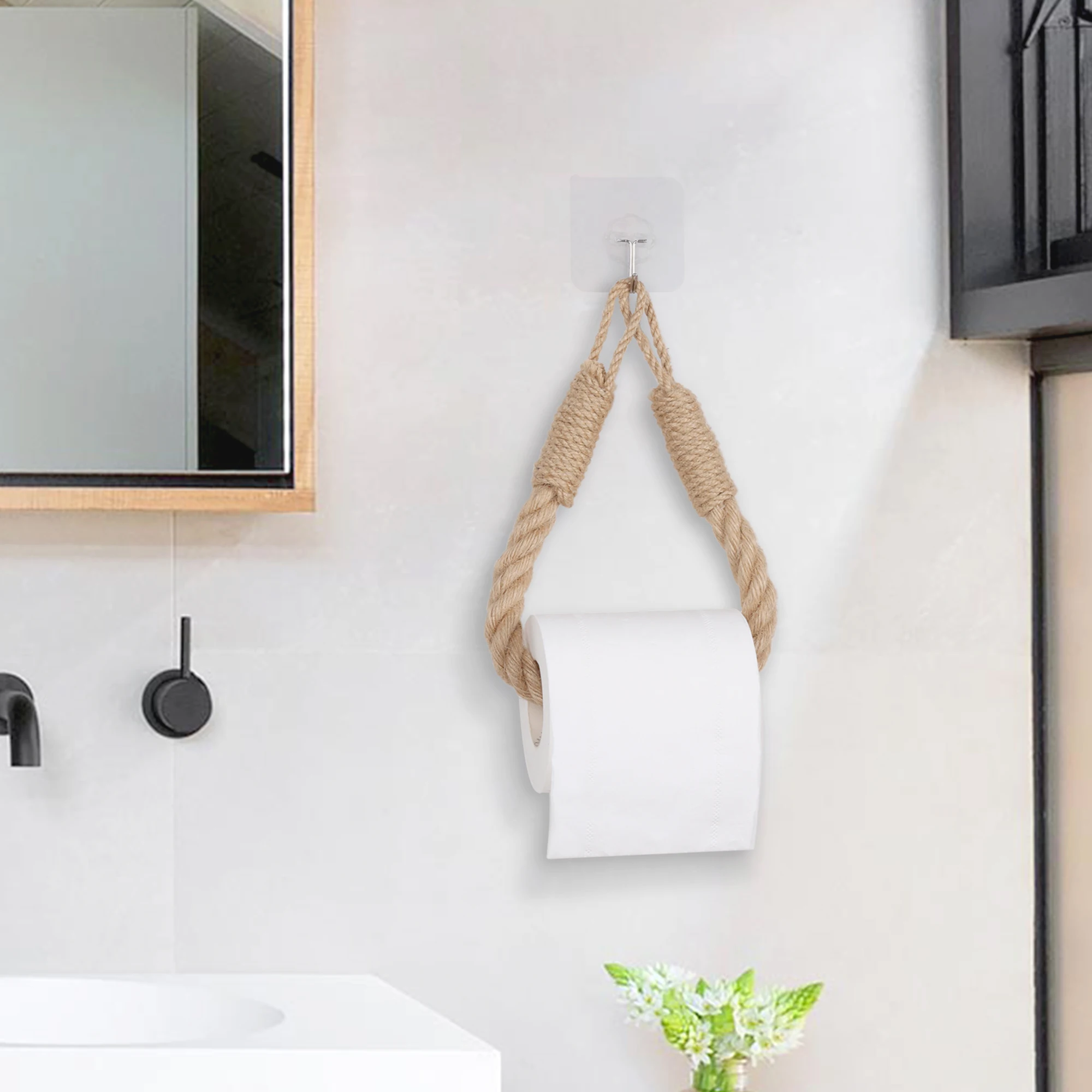 Hemp Rope Bathroom accessories Tissue Holder Wall Hanging Hemp Rope Tissue rack Solid Wood Combination home decor storage Holder image 3