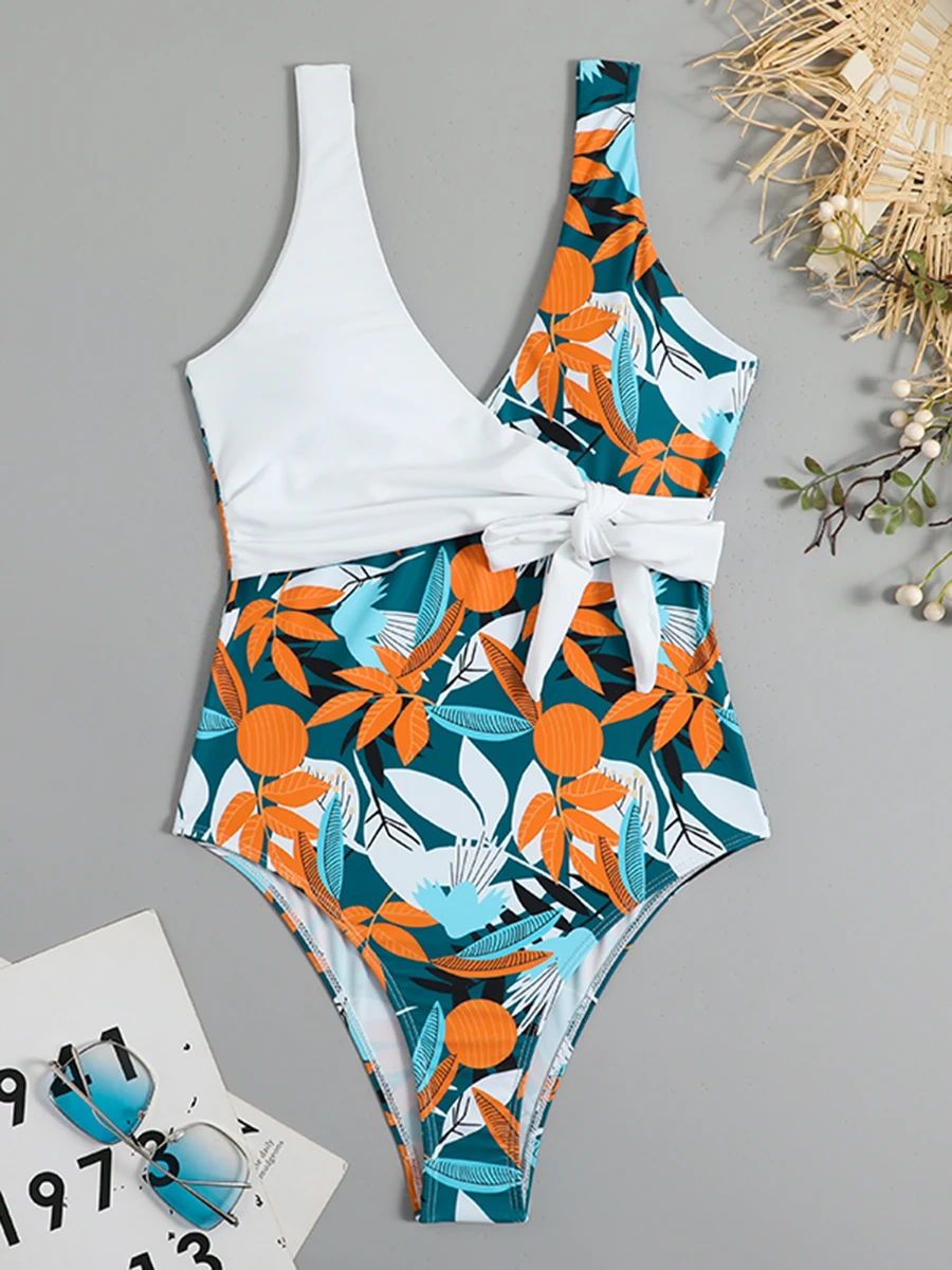 2024 Tropical Print Swimsuit One Piece Knot Side Belted Swimwear Women Padded Bathing Suit Female Swimming Summer Beachwear