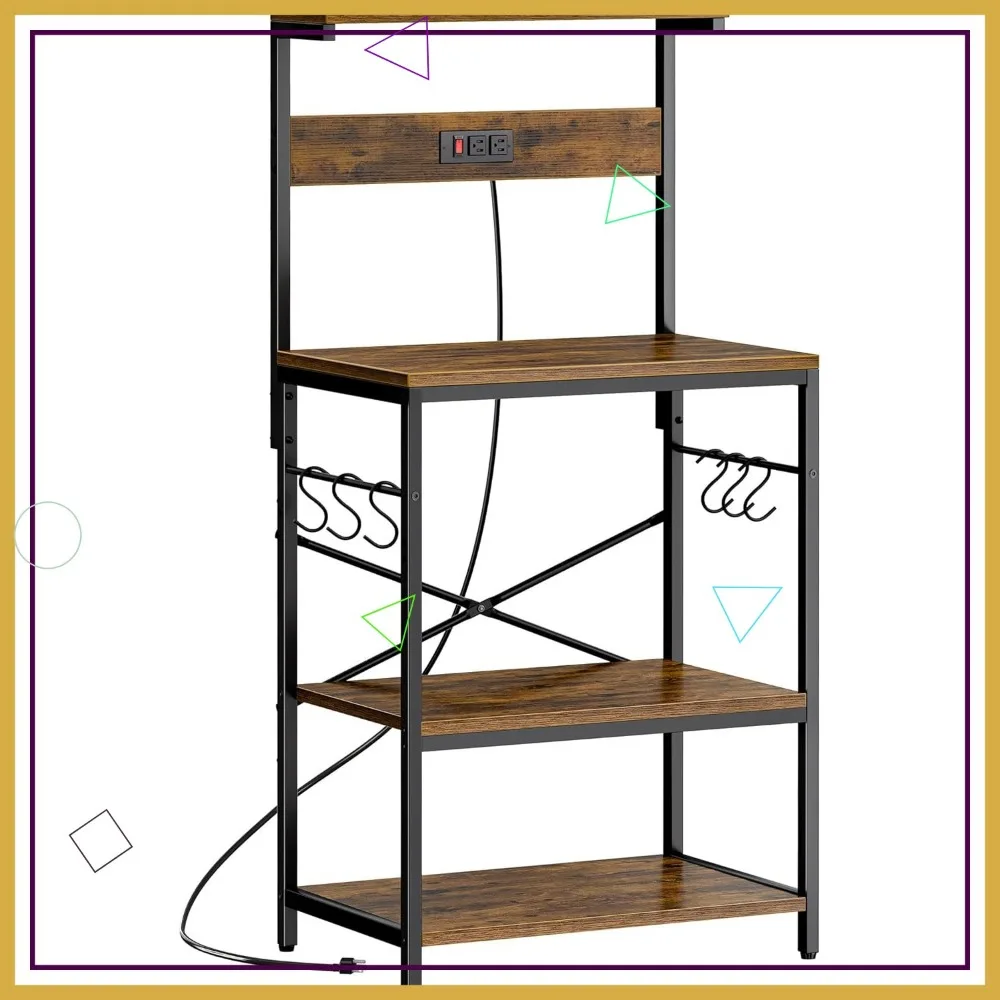 Scaffale da cucina a 4 livelli con prese di corrente, supporto per microonde e ganci a S per riporre oggetti - Marrone rustico