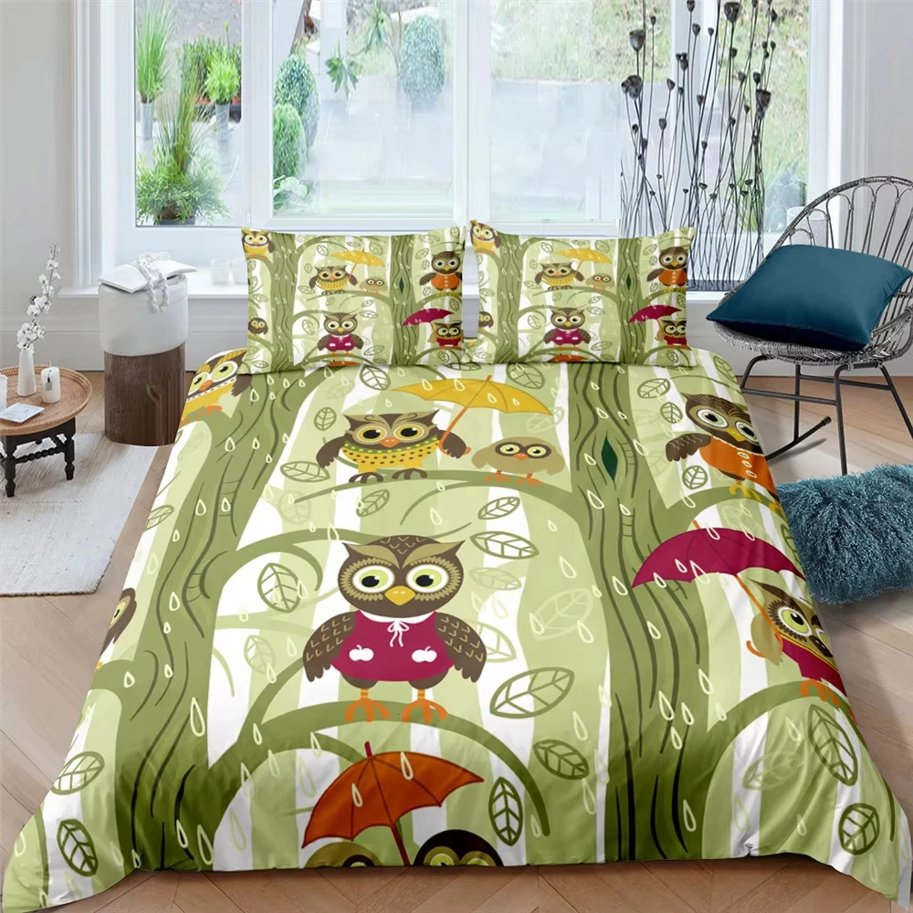 Cartoon Owl Duvet Cover Twin King Size Kawaii Bird Branches Comforter Cover Wildlife Botanical Leaves Bedding Set For Boys Girls