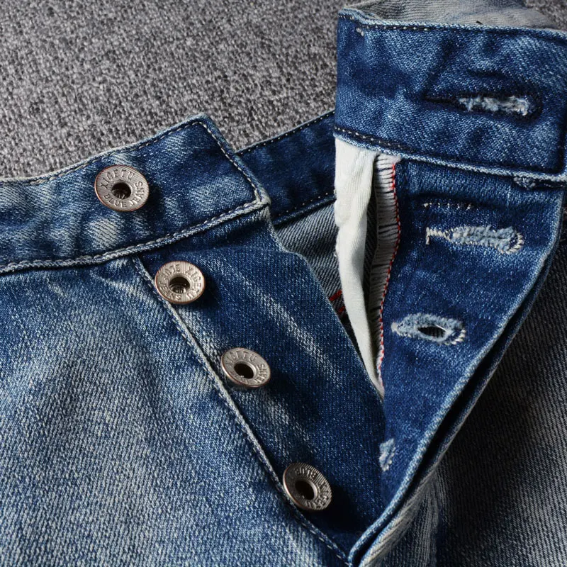 Italian Style Fashion Men Jeans Retro Light Blue Plain Washed Elastic Slim Fit Ripped Jeans Men Vintage Designer Buttons Pants