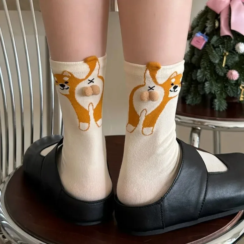 3 أزواج الكرتون لطيف الكلب القط البيض جوارب قطنية Kawaii النساء لينة القطن الأوسط أنبوب Sockings القط بعقب طباعة القط كرات زوجين الجوارب