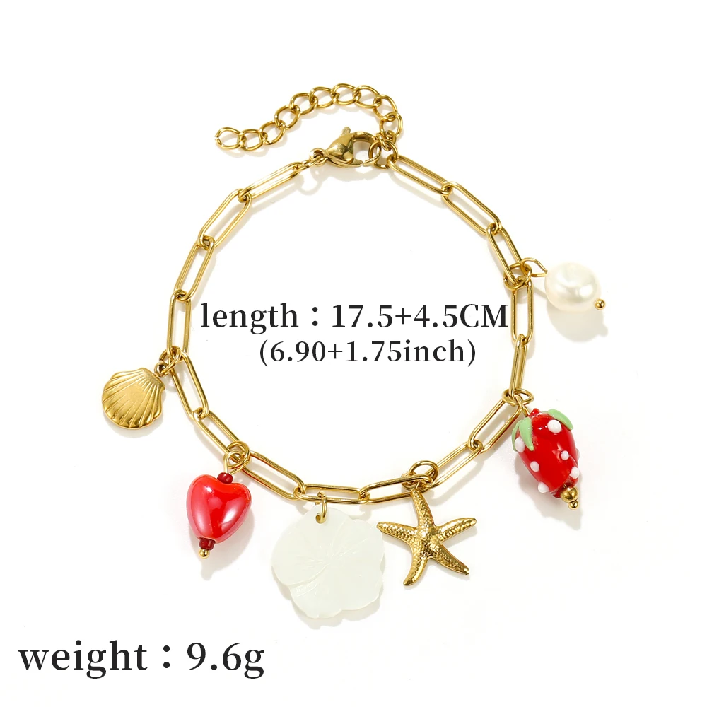 Joya Love Stainless Steel Shells Starfish Pearls Red Hearts Charm Bracelet for Women Girls Hollow Chain Bracelets Jewelry Gift