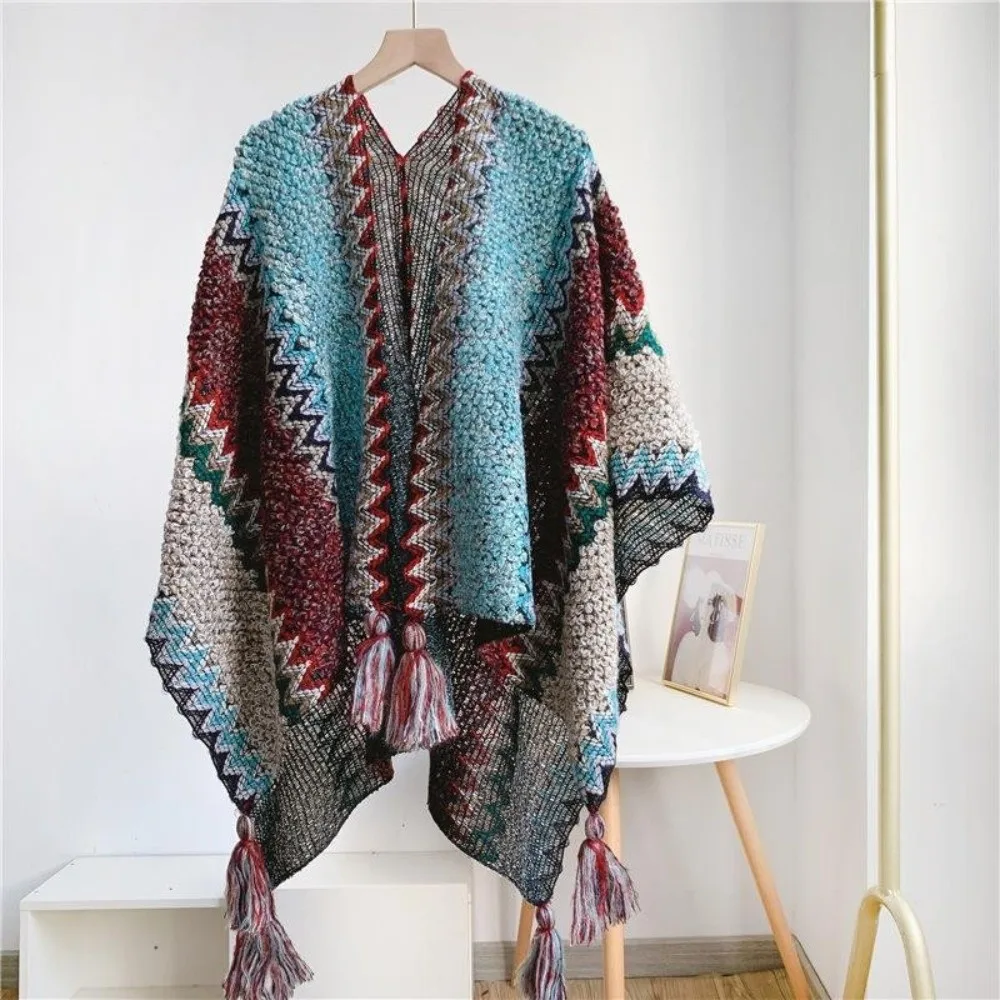 

Bohemian Mongolian Poncho Winter Warm Striped Cardigan Tassel Shawl Polyester Ethnic Style Knitted Cape Coat Overlays