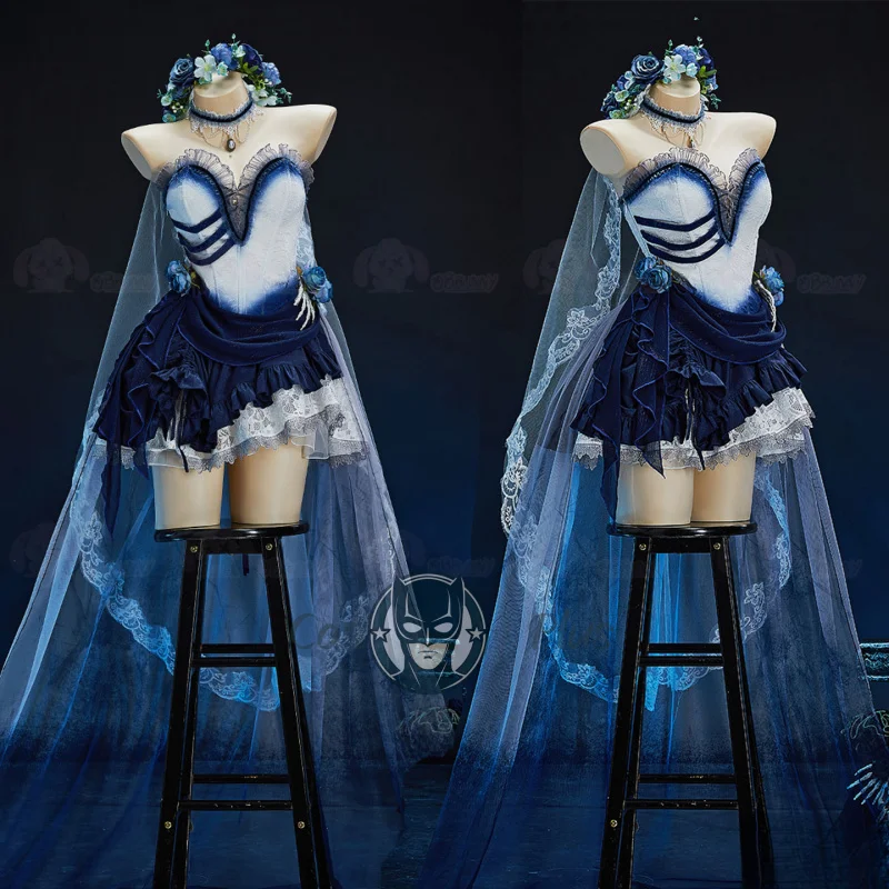 

Halloween Zombie Bride Cosplay Costume Blue Ombre Gothic Victorian Lace Dress Anime Christmas Role Playing Outfit For Women