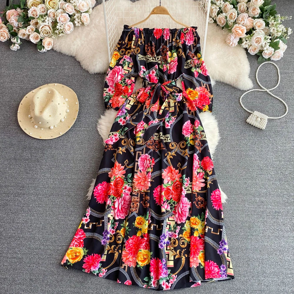 فستان أنيق على شكل حرف a بكتف واحد مطبوع للتخسيس بخصر عالٍ طويل لقضاء عطلة الشاطئ على الطراز الكوري للتنقل مزين بالزهور للخري...