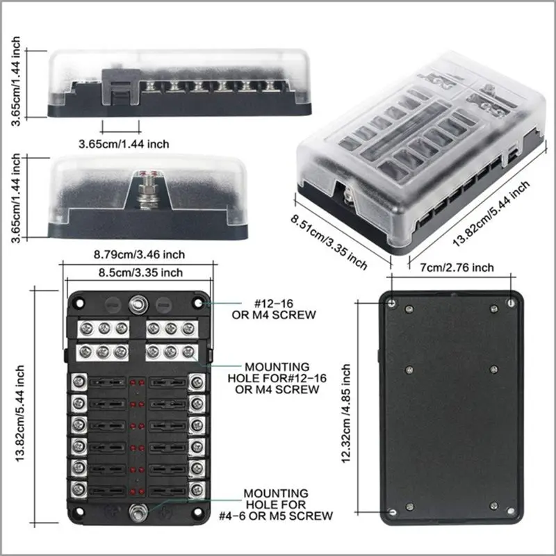 AT16 12V Fuse Block 12 Circuit Fuse Box Kit,with LED Indicator with Negative Marine Fuse Box for Dc12-24V Car Boat RV Truck