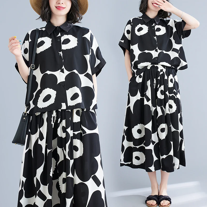 

Летний свободный топ с цветочным принтом Ne ort Sve, женский модный комплект больших размеров с юбкой, повседневная одежда из смеси хлопка