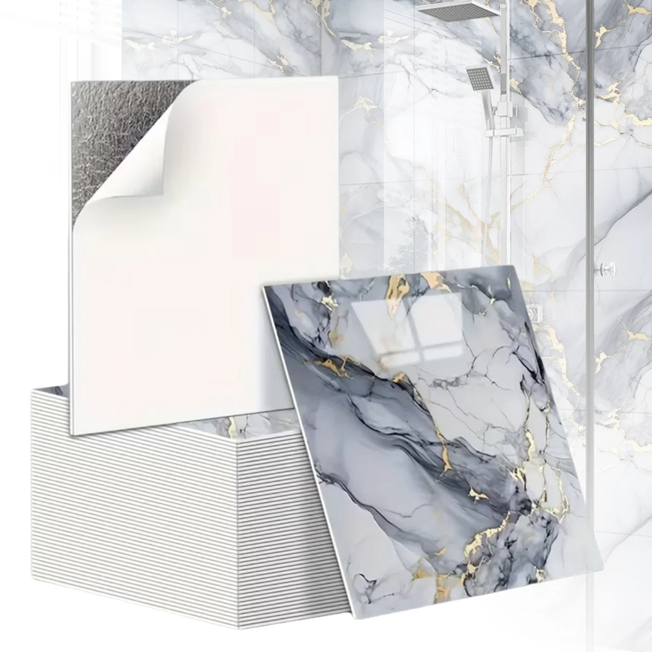 Autocollants de carrelage effet marbre 3D, panneaux auto-adhésifs imperméables pour salle de bains, cuisine, mur, rénovation de sol, décoration de maison, 10 pièces