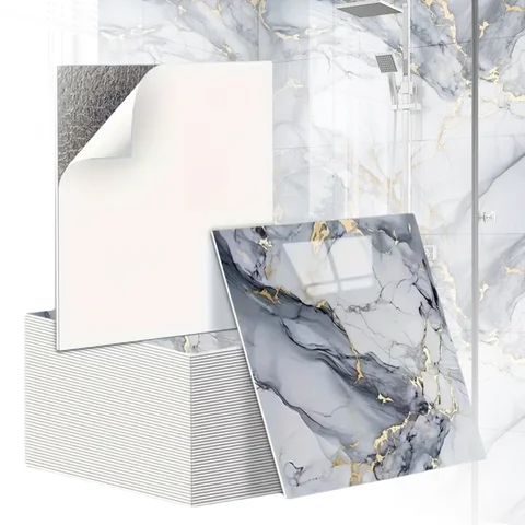Bilashmart 10PCS 3D Marble Effect Tile Stickers Waterproof Self Adhesive Panels for Bathroom Kitchen Wall Floor Renovation Home Decor