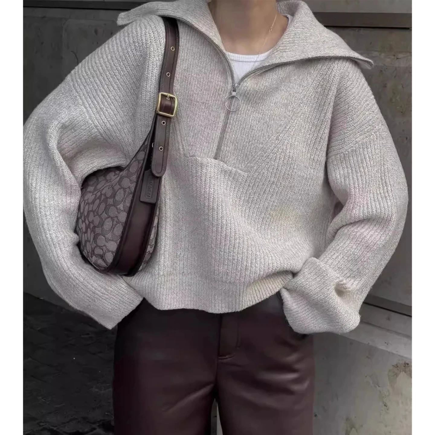 Chic Autumn Winter Women's Knitted Sweater f Zipper Long Sve Casual Loose Sle Korean Commute Sle ort Length