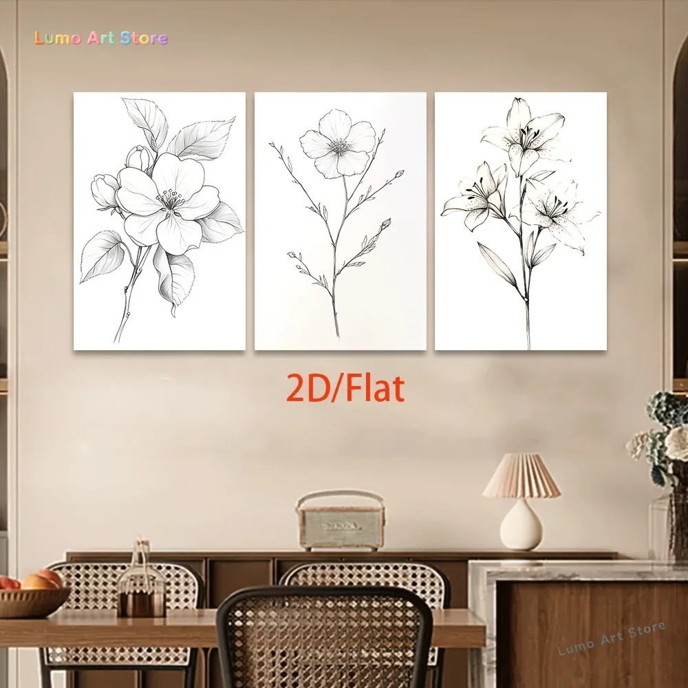 2D Flat, 2D Flat, Wall Decorations, Flat 2D Designs, Set of Three, Canvas Prints Without Frames, Minimalist Floral Art, Poste