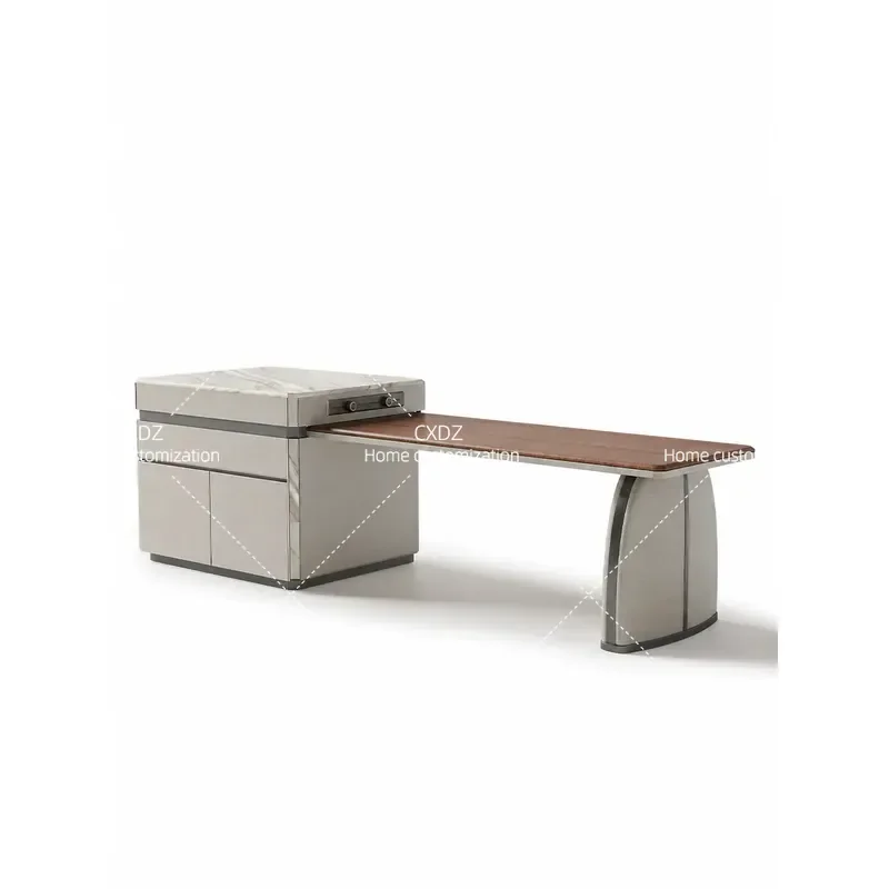 Black Walnut Island Dining Table with Integrated Saddle Leather and High End Rock Slab Top Modern Luxury Kitchen Guide Table