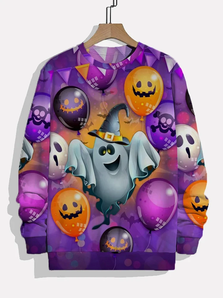 Purple Halloween Elements Ghost And Colored Balloons Printing Long Sleeve T-shirt Mens Jack-o'-lantern Printed Casual Tops