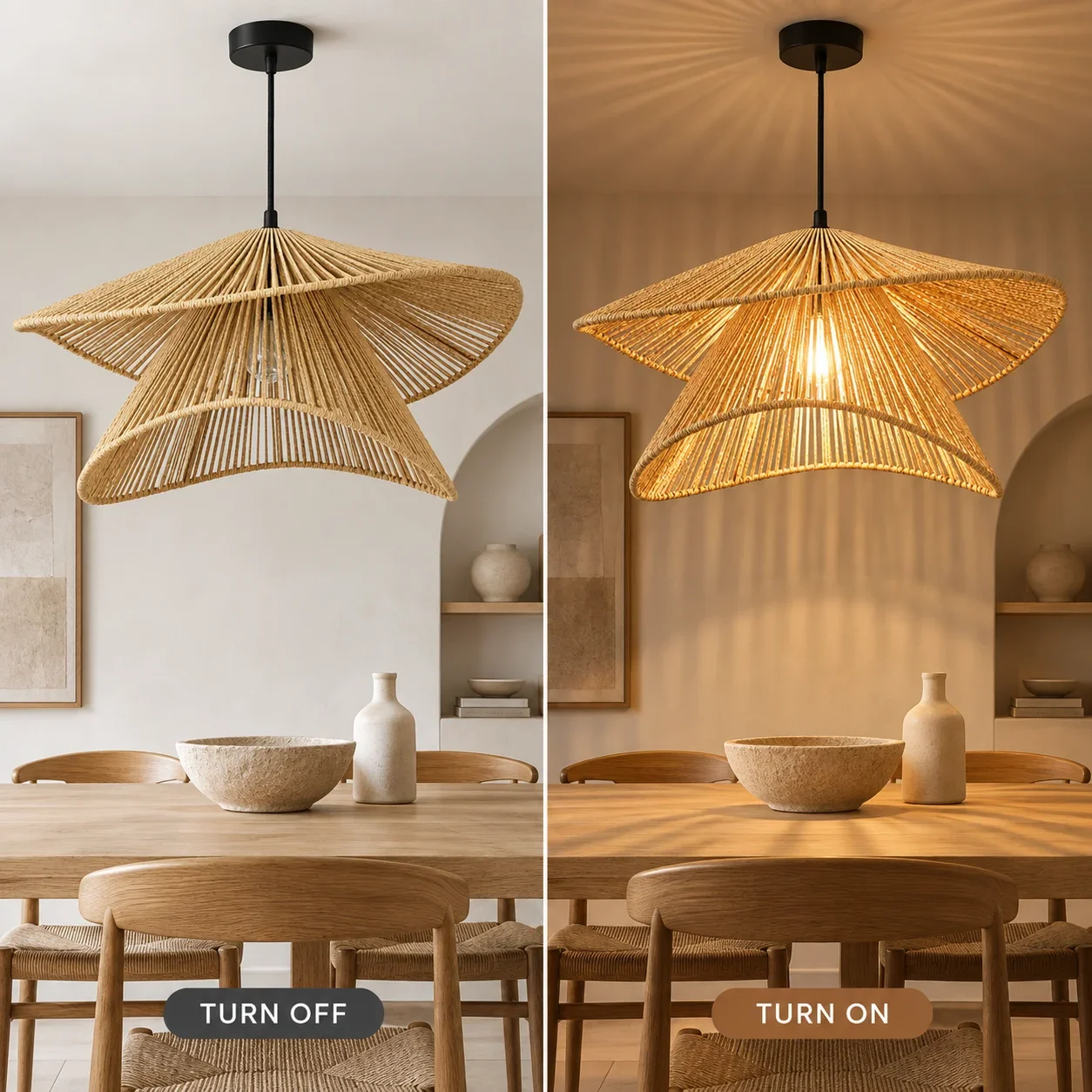 JOYINLED Boho Rattan Woven Natural Hanging Ceiling Lamp for Sunroom, Corridor, Library, Showroom, Studio, Mudroom, Entryway