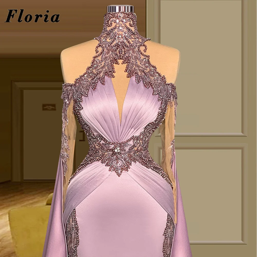 Floria-Apliques Roxos Beading vestidos de baile para mulheres, feitos sob medida, mangas compridas, vestido de festa para casamentos, Dubai, vestidos de noite cetim