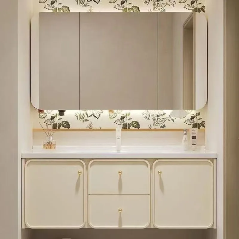 

Bathroom Cabinet Washbasin Ambient Light Mirror Integrated Beauty Rack Wash Ceramic Integrated Basin