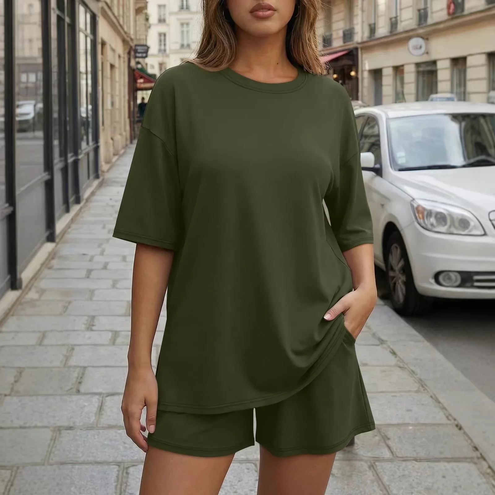 

2026 Spring and Summer New Round Neck Casual Loose Solid Color Short-sleeved Suit Women's Clothing