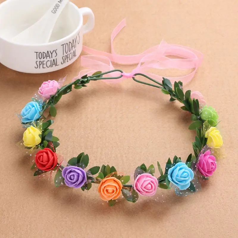 18 Colors Women Bridal Headband Beach Party 12 PE Foam Rose Flower Multicolor Wreath Crown Wedding Ribbon Garland Headpiece