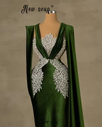 Dark Green Sheer Neck Velour Prom Dress Dubai Long Sleeve Cape Formal Party Gowns 2024 Luxury Vestidos Para Eventos Especiales