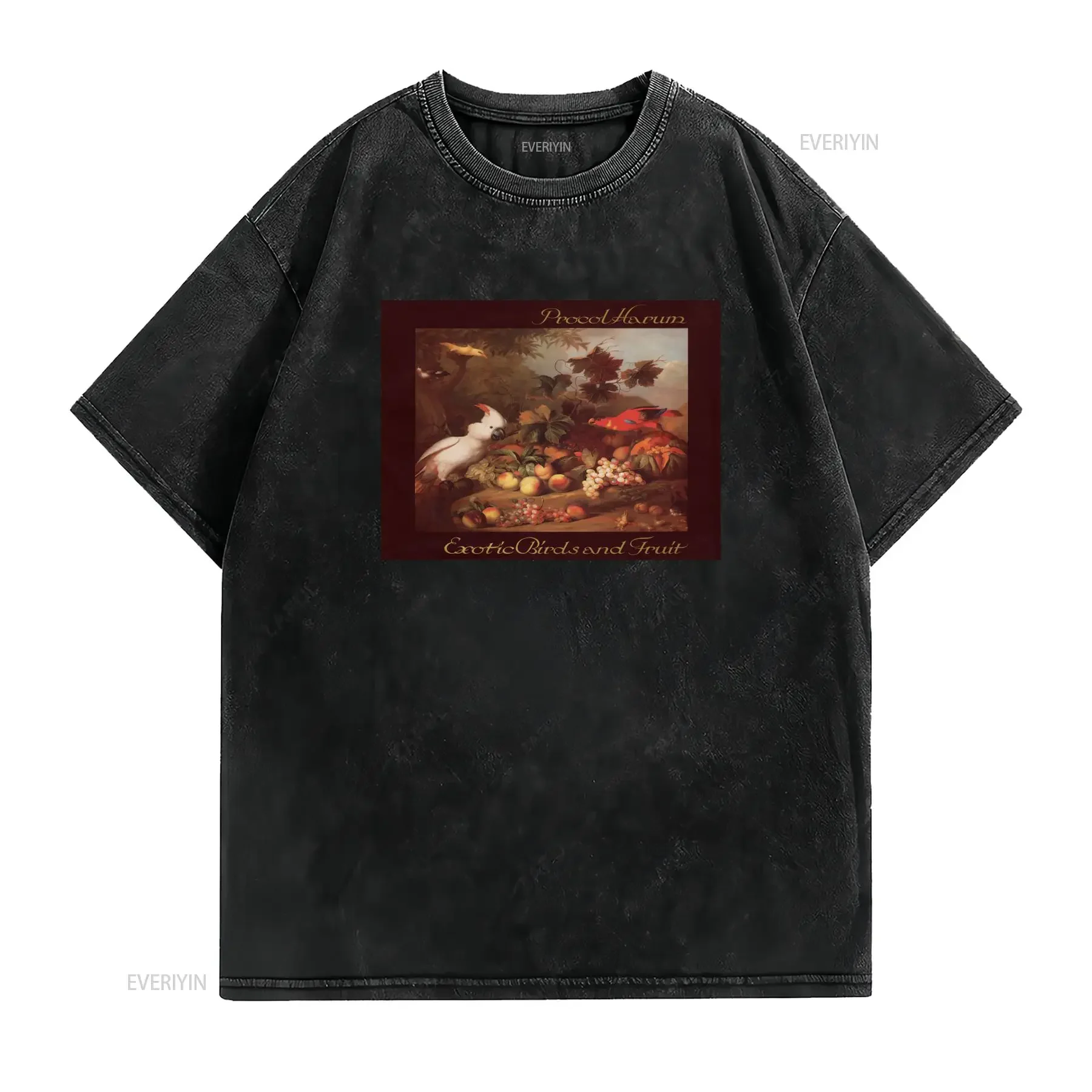 Vintage Retro Exotic Birds Fruit Still Life Oil Painting Print Casual T Shirt vintage Washed streetwear Comfortable Stretched