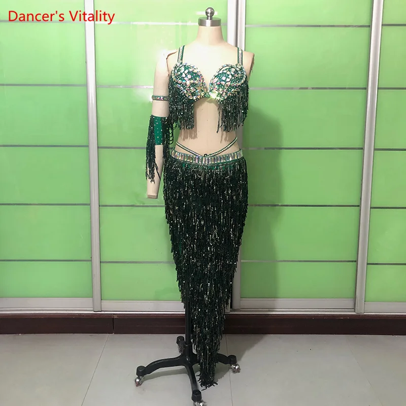 Belly Dance Performance Costumes Set Senior Stones Tassel Bra+fringed Skirt Suit Cusomzied Oriental Dance Competition Outfit